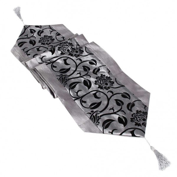 Raised Flower Blossom Flocked Damask Table Runner Cloth Sliver Gray