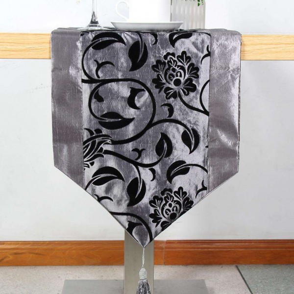 Raised Flower Blossom Flocked Damask Table Runner Cloth Sliver Gray