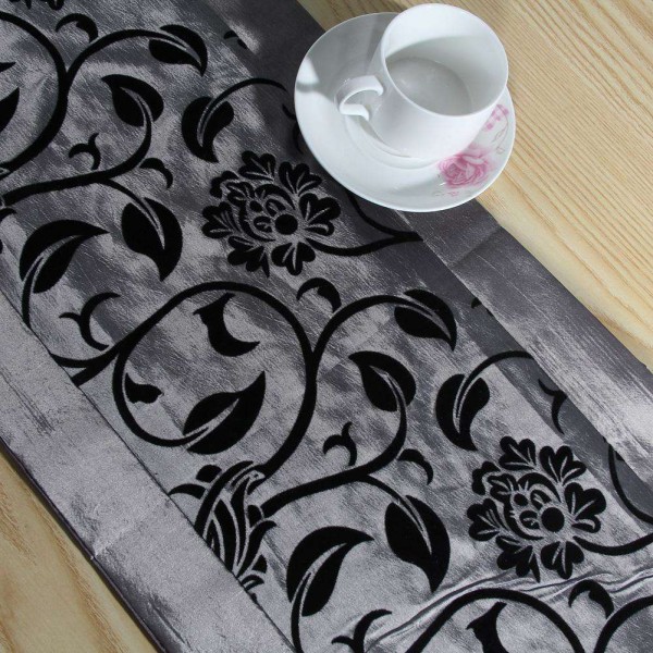 Raised Flower Blossom Flocked Damask Table Runner Cloth Sliver Gray