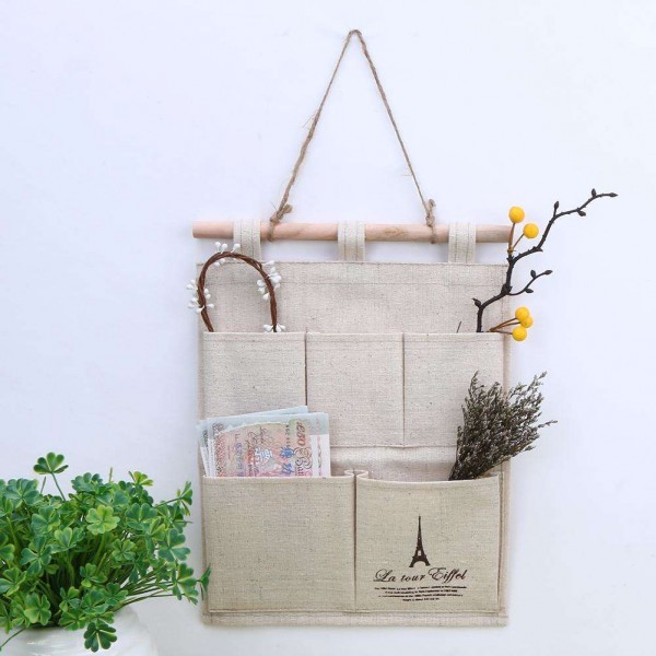 Cotton and Linen Storage Iron Tower Five Pockets Hanging Bag