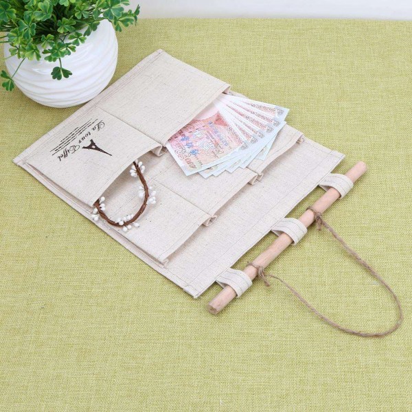 Cotton and Linen Storage Iron Tower Five Pockets Hanging Bag