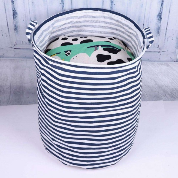 Stripe Linen Dirty Clothes Organizer Barrel Laundry Basket Storage