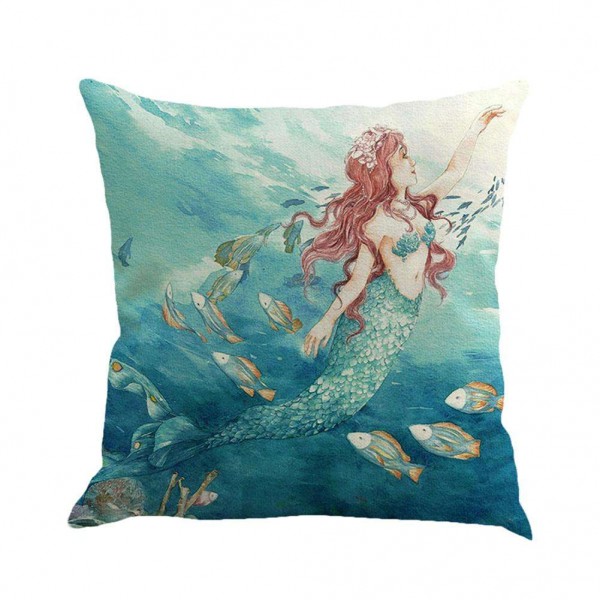 Ocean Mermaid Cotton Linen Pillow Case W...