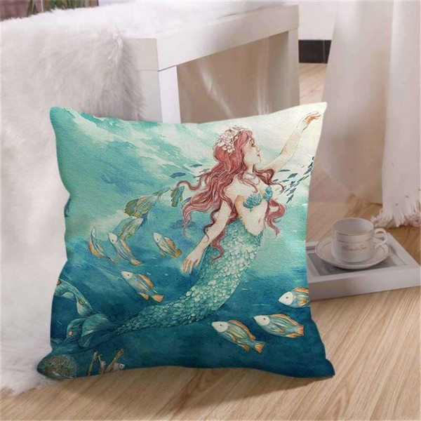 Ocean Mermaid Cotton Linen Pillow Case Waist Cushion Cover Home Decor