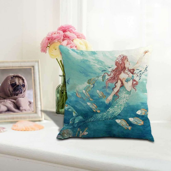 Ocean Mermaid Cotton Linen Pillow Case Waist Cushion Cover Home Decor