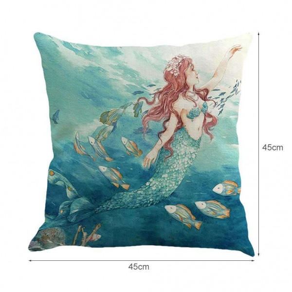 Ocean Mermaid Cotton Linen Pillow Case Waist Cushion Cover Home Decor