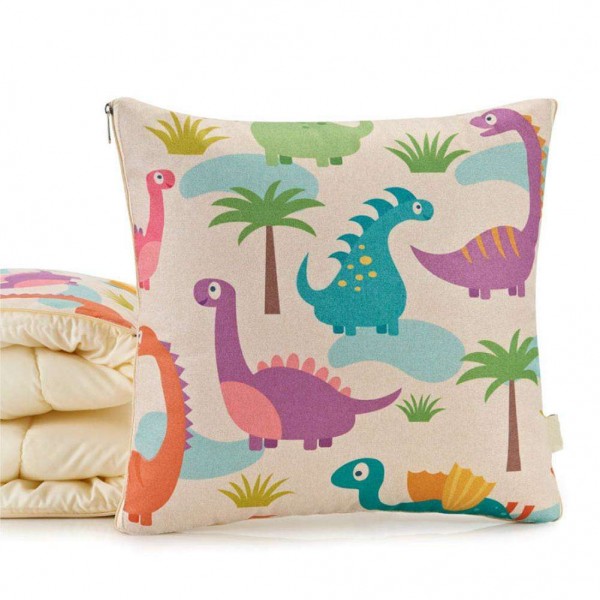 Cartoon Flax Pillow Cusion Quilt Dual Use Car Nap Home Blanket(Dinosaur)