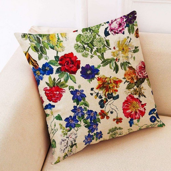 Flower Printed Breathable Linen Pillowcase Sofa Waist Cushion Cover Decor