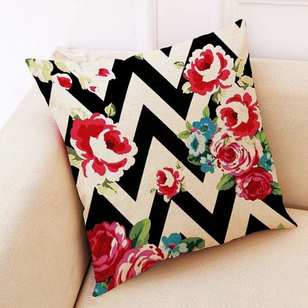 45x45x1cm Floral Stripe Print Cushion Cover Cotton Linen Sofa Pillowcase