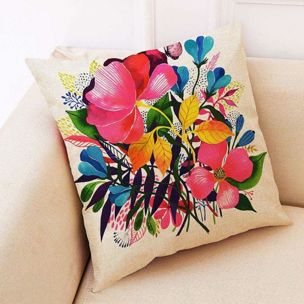 1pc Cotton Linen Cover Floral Printed Pillowcase Illustration Cushion